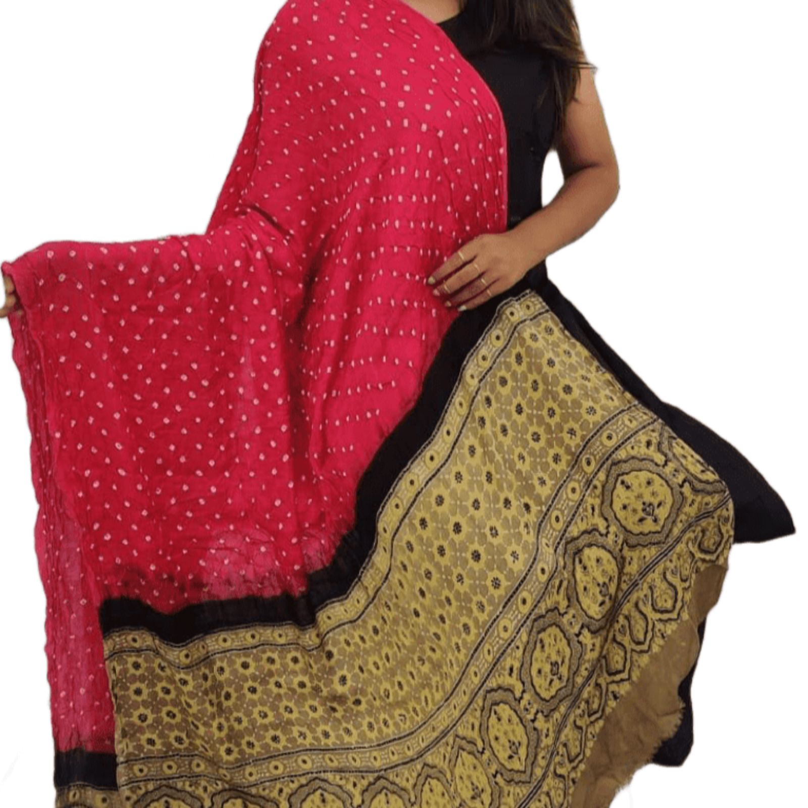 Modal Silk Bandhani Ajrakh Dupatta- Hot Pink