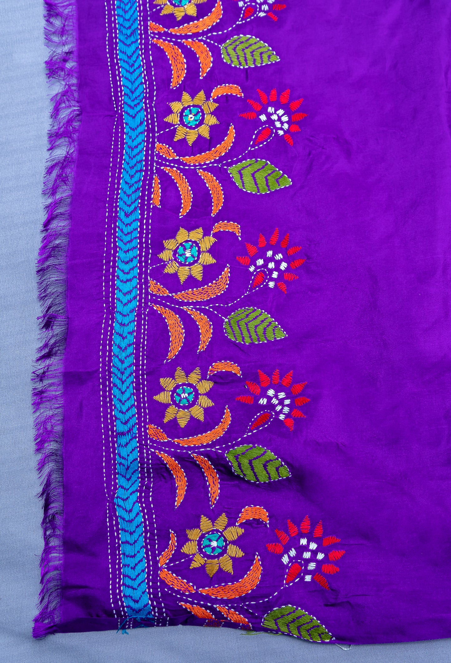 Hand-embroidered Art Silk Kantha Saree- Purple