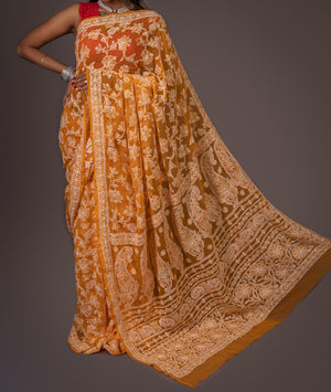 Georgette Chikankari Saree Full Jaal Work - Mustard