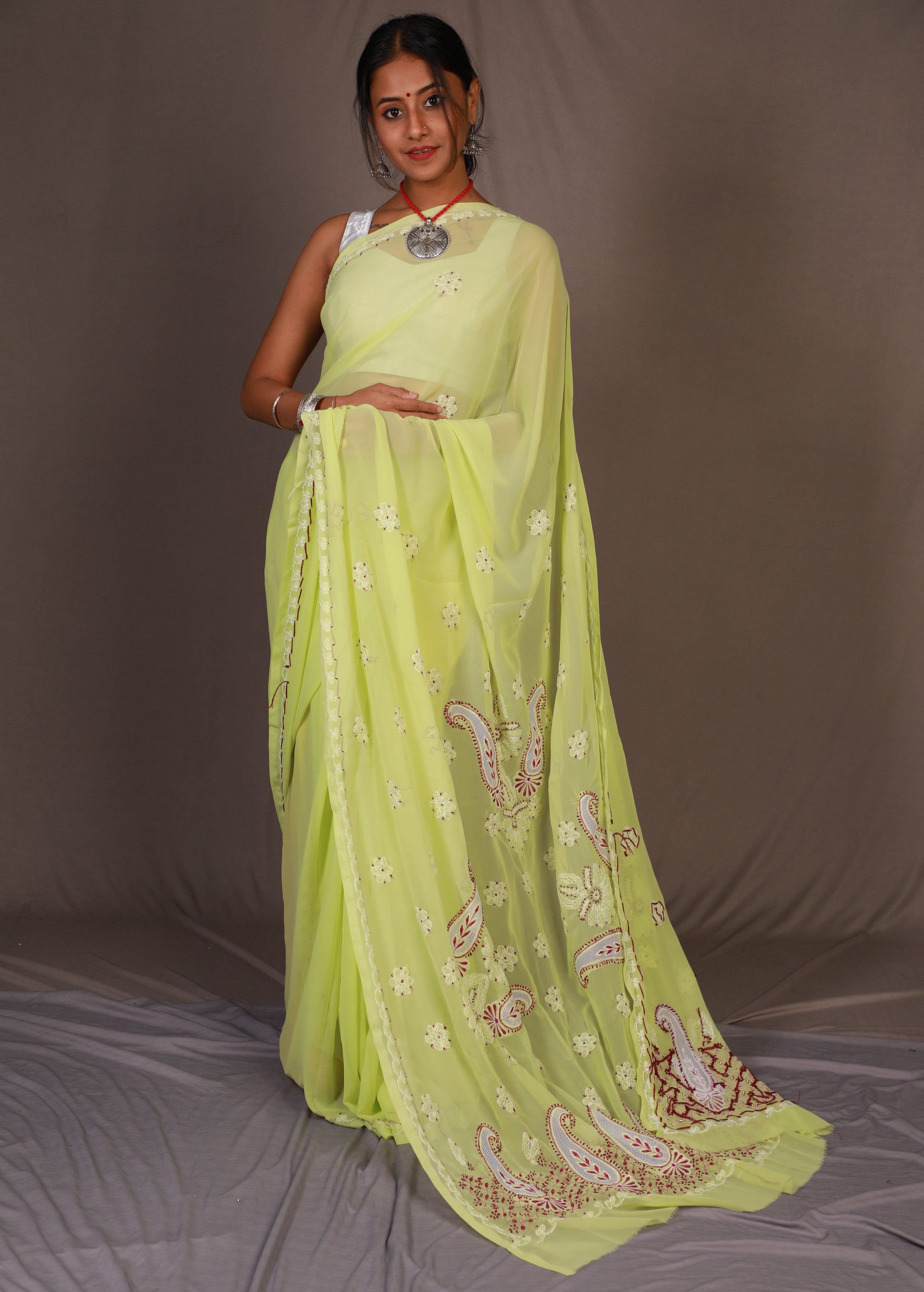 Georgette Light Chikankari Saree With Net work on Pallu- yellow