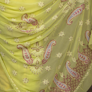 Georgette Light Chikankari Saree With Net work on Pallu- yellow