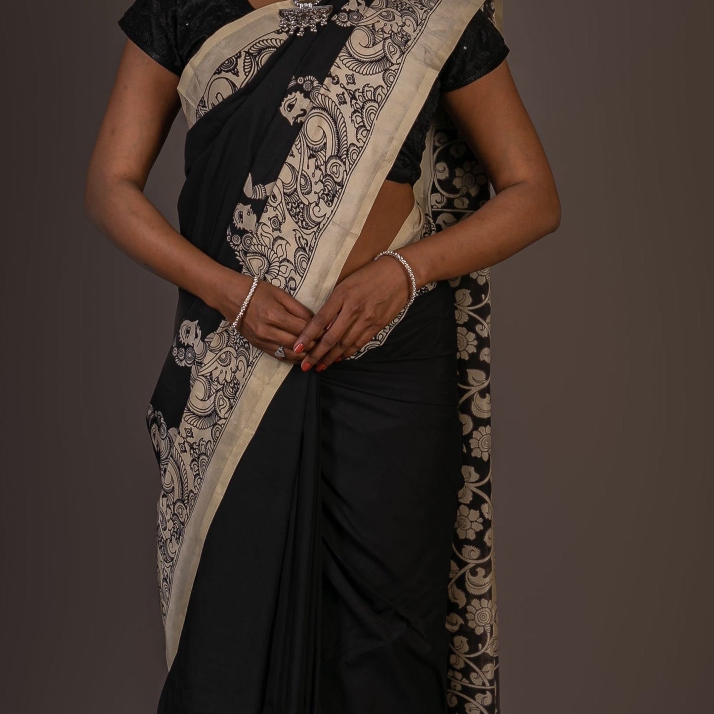 Chennur Silk Kalamkari Saree- Black and White