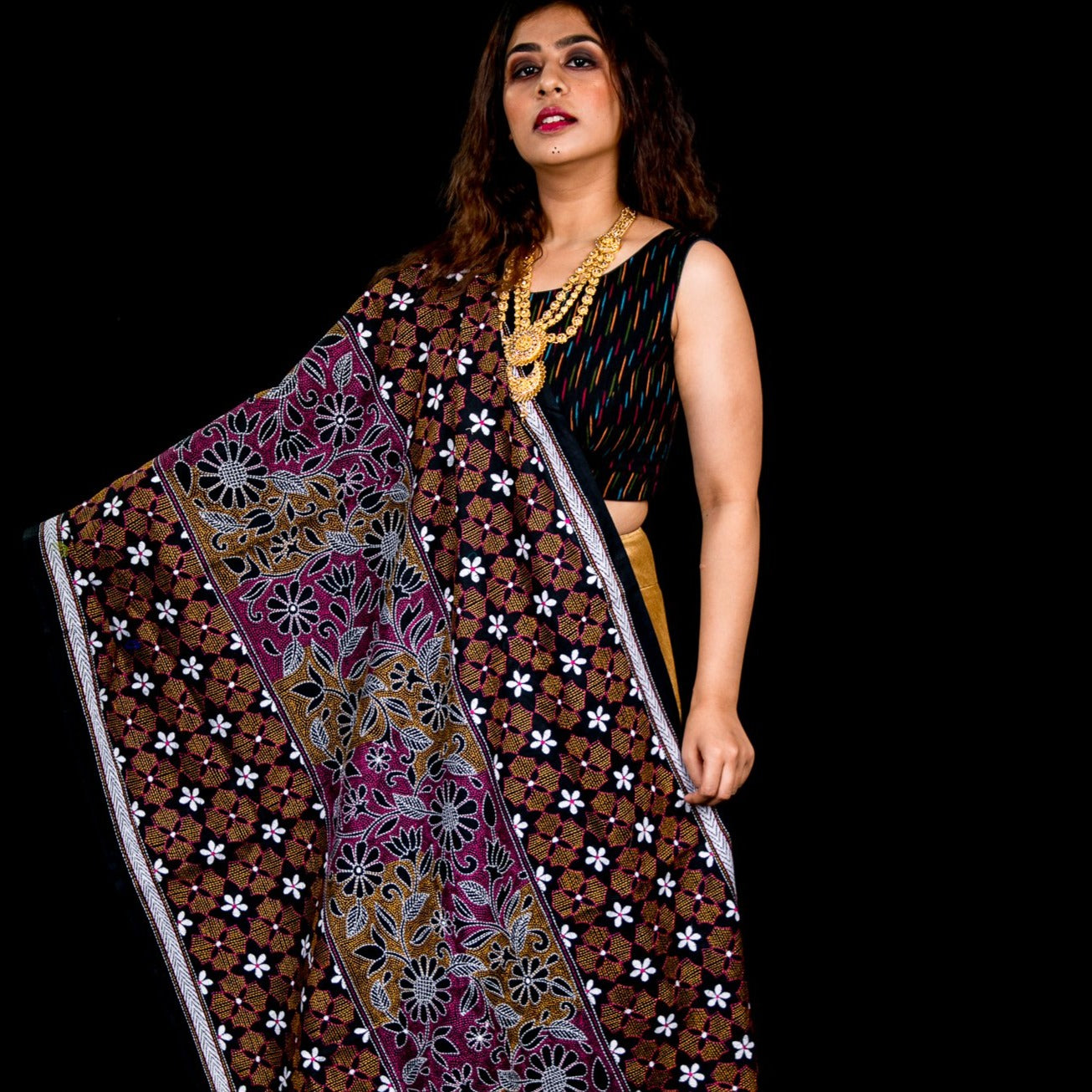 Pure kantha stitch cotton dupatta - Black