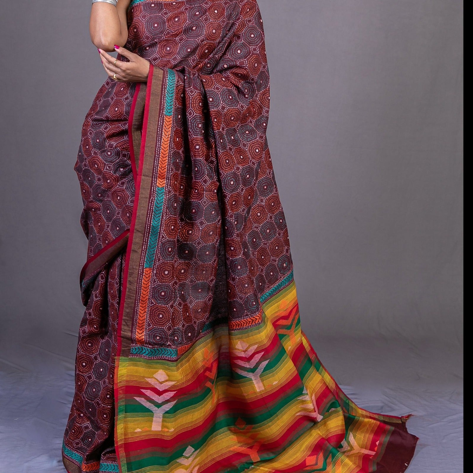 Jamdani Silk Kantha embroidery Saree- Brownish Red