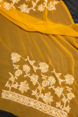 Georgette Chikankari Saree Full Jaal Work - Mustard