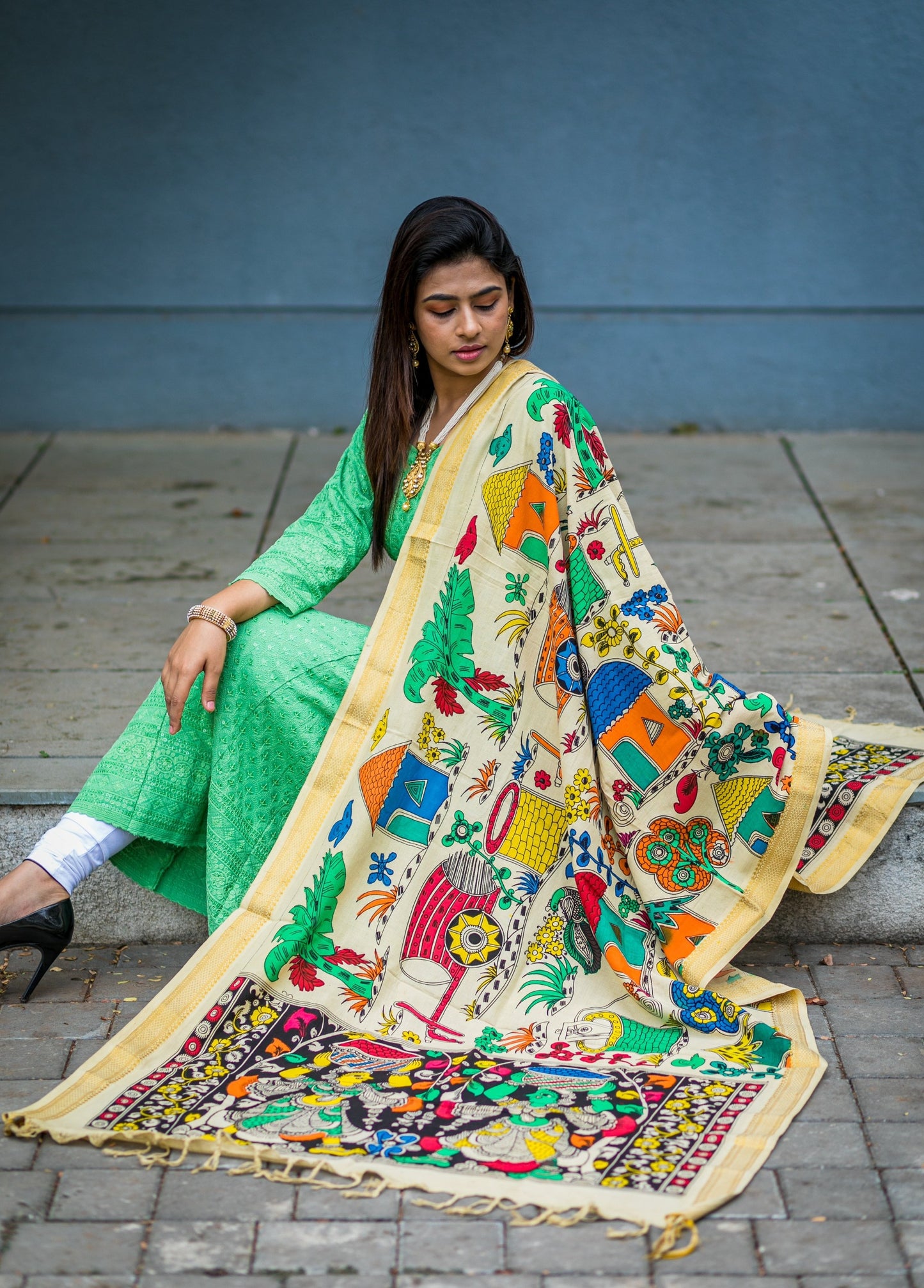 Mangalgiri Cotton Hand-painted Pen Kalamkari Dupatta