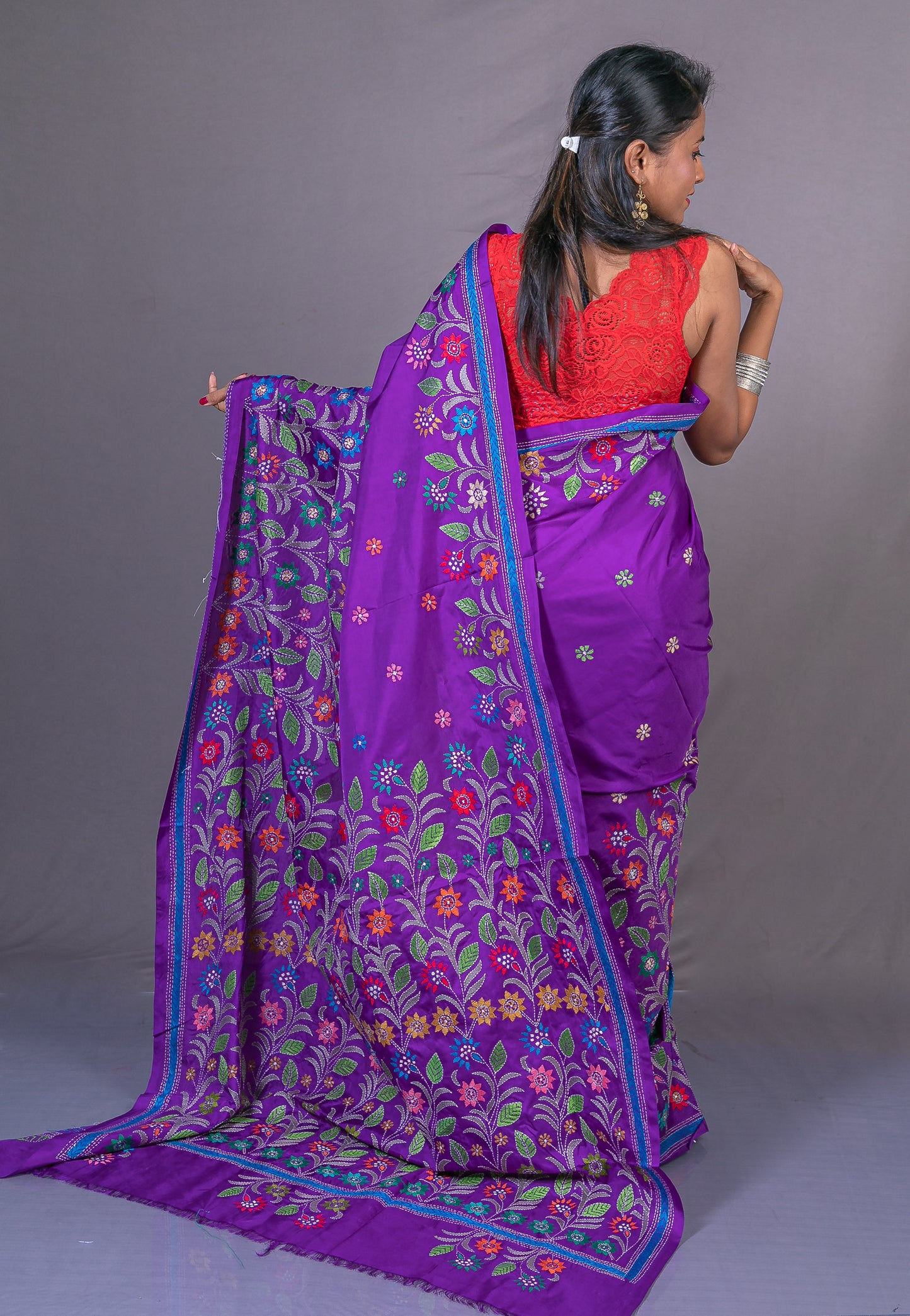 Hand-embroidered Art Silk Kantha Saree- Purple