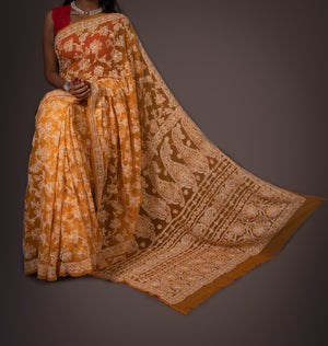 Georgette Chikankari Saree Full Jaal Work - Mustard