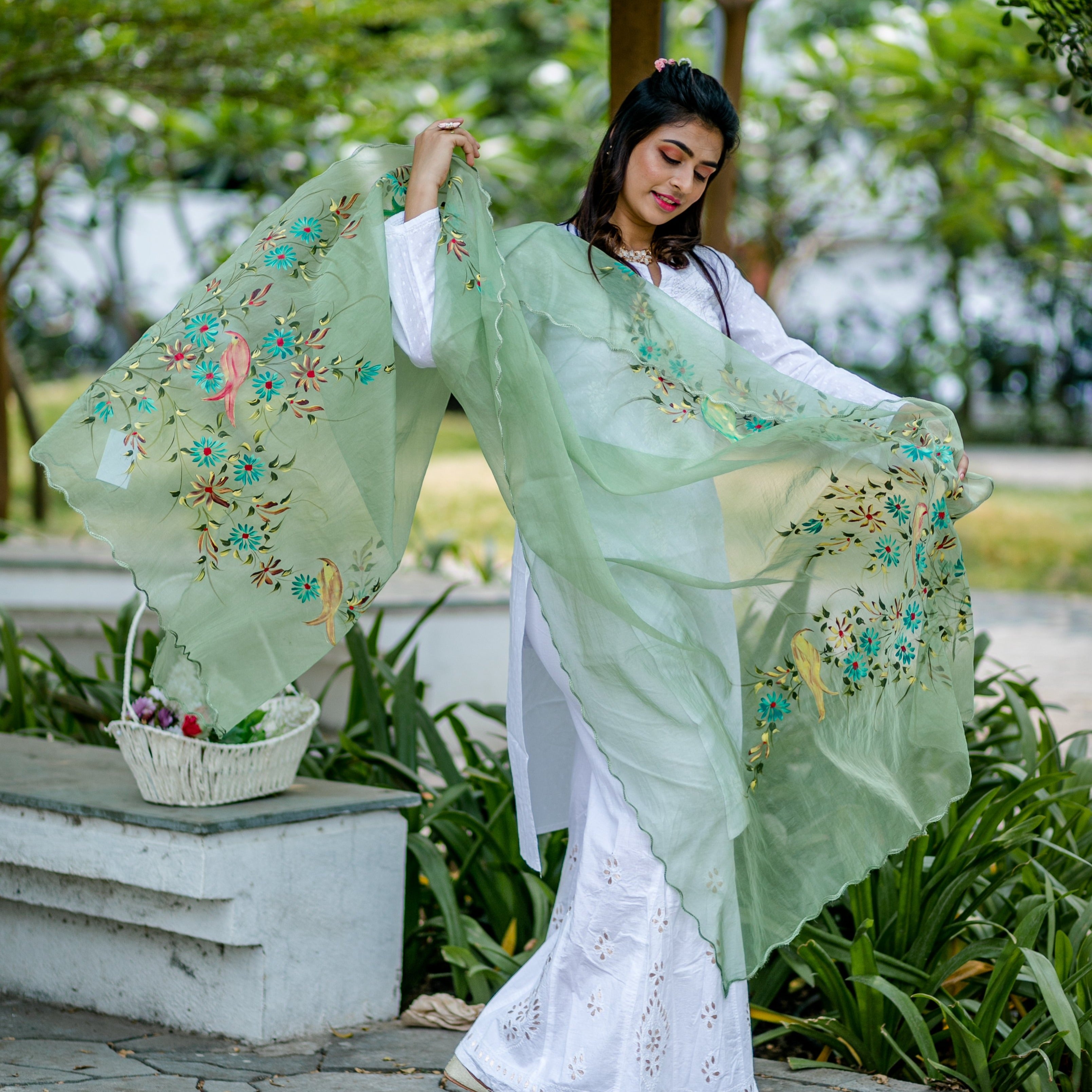Organza Hand-painted Dupatta - Light Green