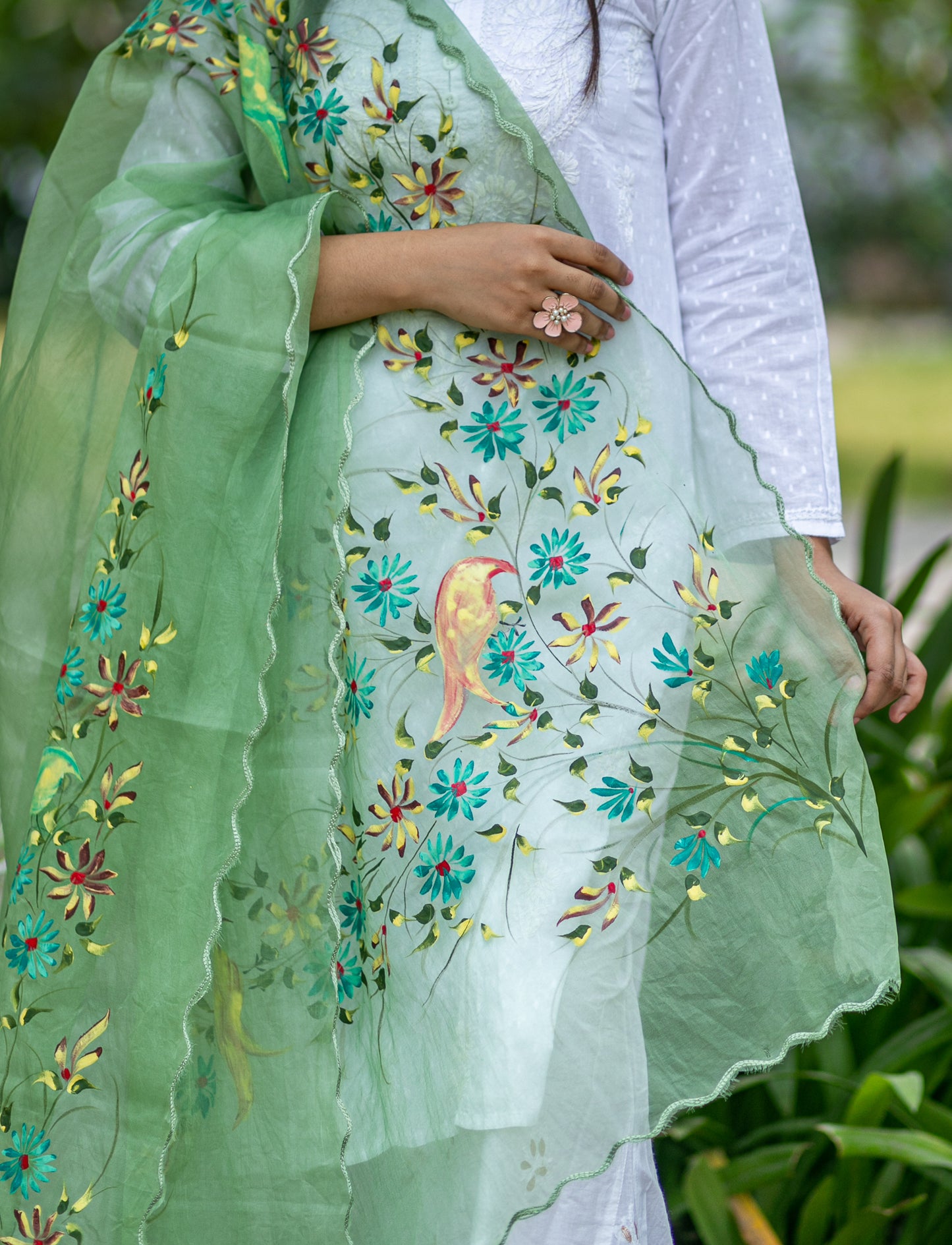 Organza Hand-painted Dupatta - Birds on Flowers - Olive Green