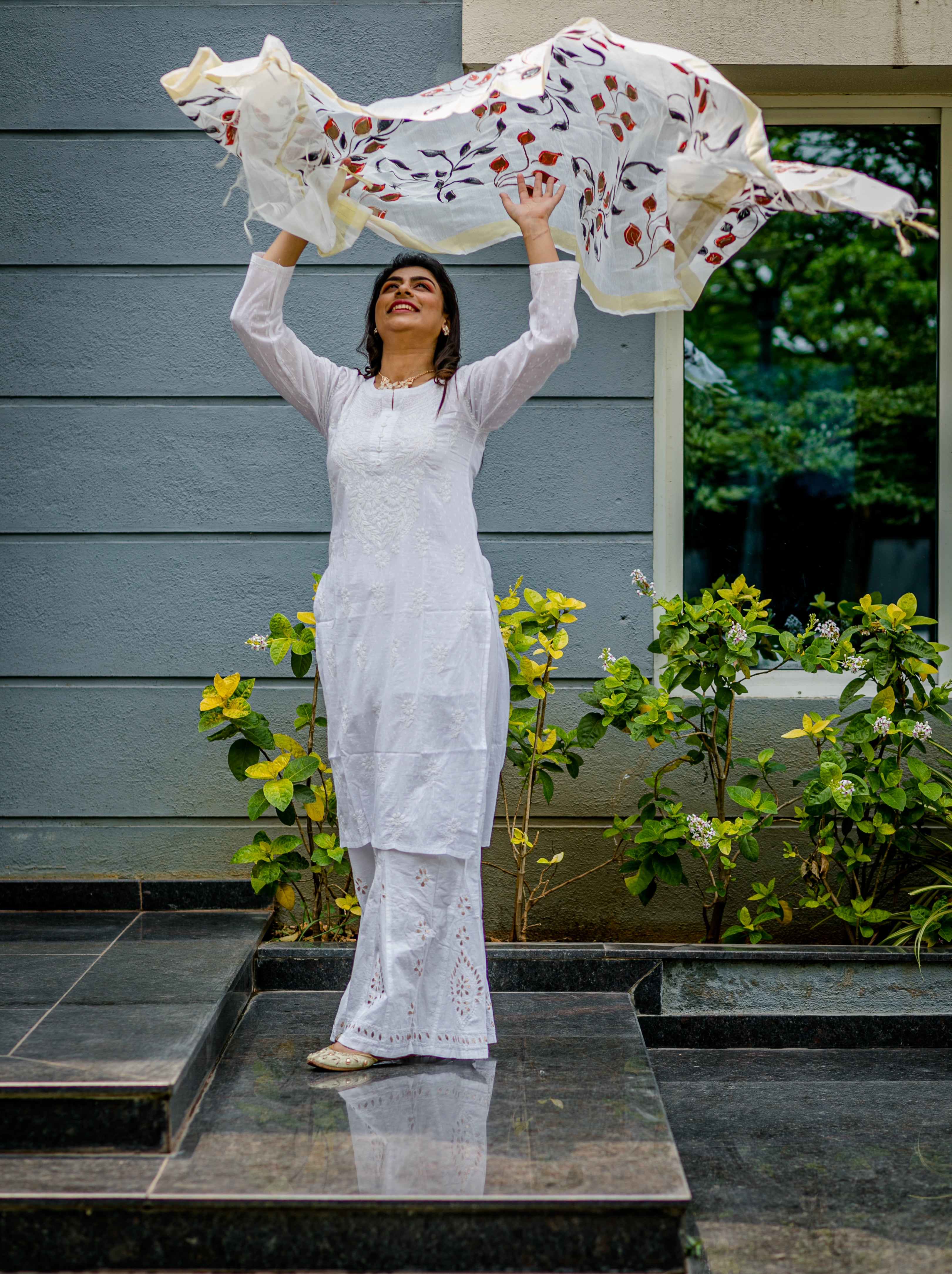 Cotton Silk Hand-painted Dupatta - Leaves