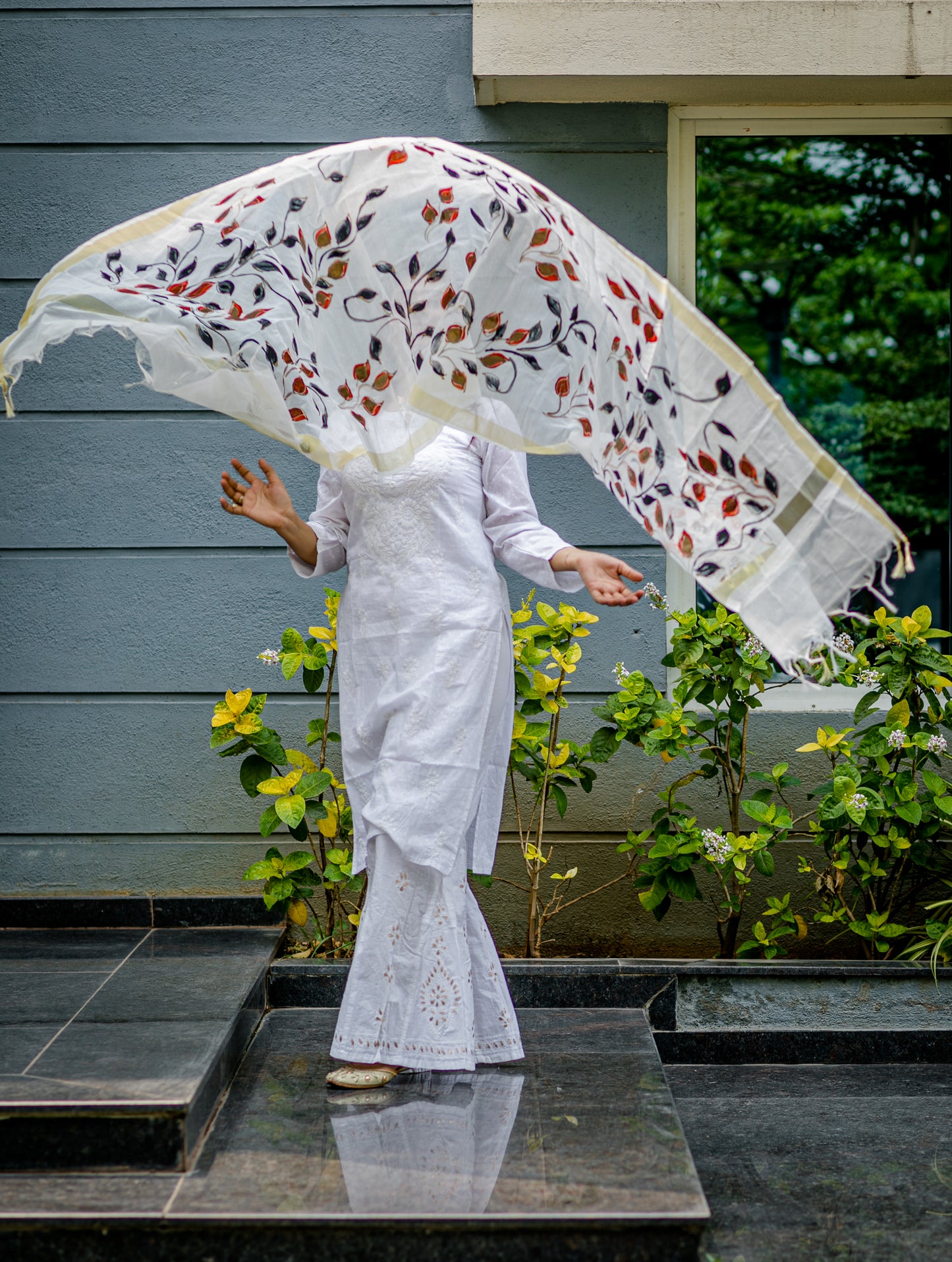 Cotton Silk Hand-painted Dupatta - Leaves