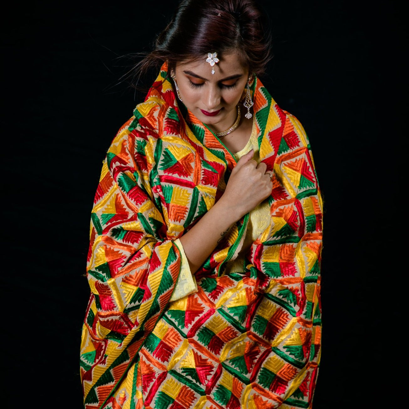 Phulkari Machine-Embroidered Cotton Dupatta - Multicolor5