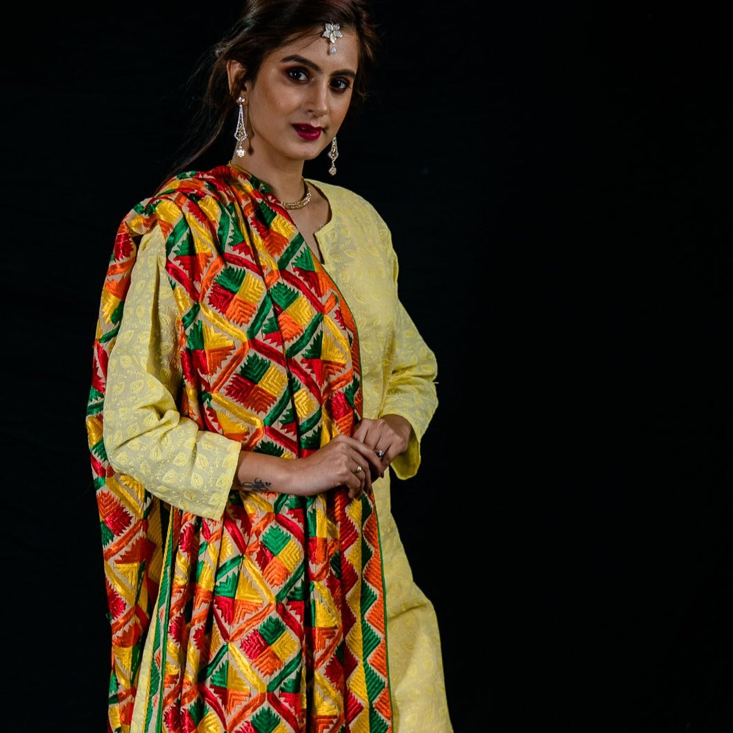 Phulkari Machine-Embroidered Cotton Dupatta - Multicolor5