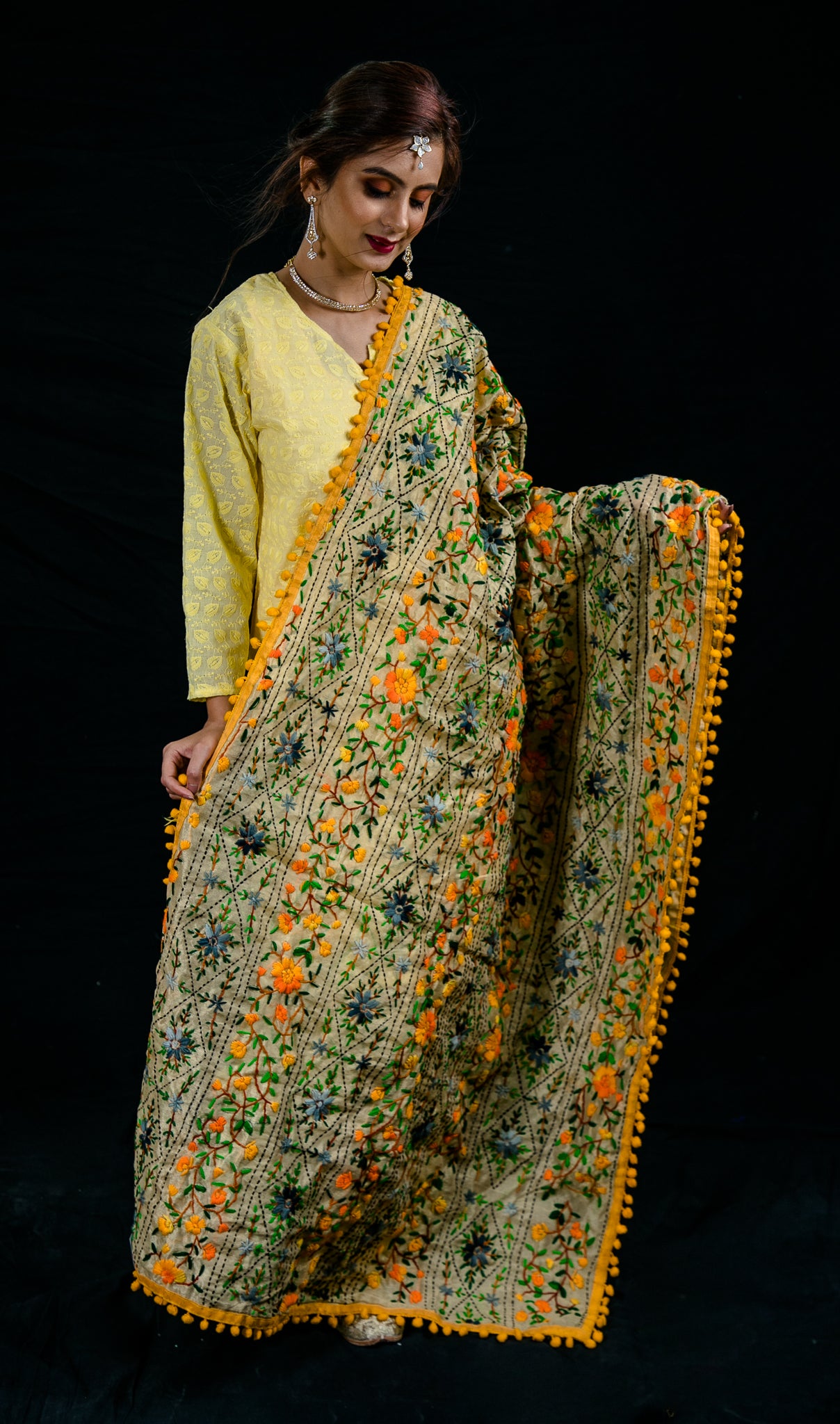 Hand Embroidered Phulkari Chanderi Dupatta with Pom Pom Border - Design 11 (Straight Line)