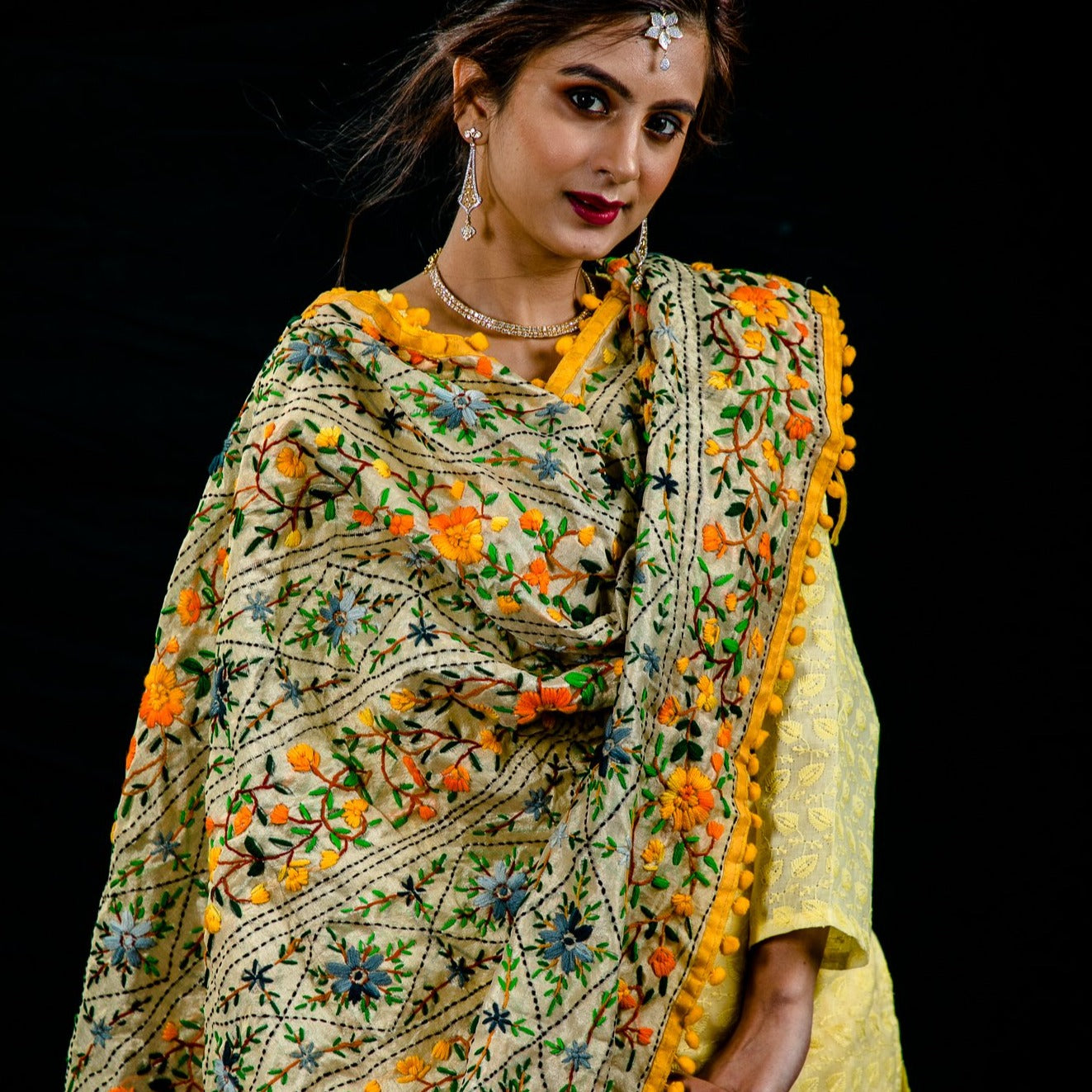 Hand Embroidery Chanderi Pom-Pom Dupatta