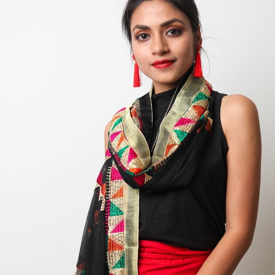 Lightweight Phulkari Chiffon Dupatta - (PE110) - Black - Phulari