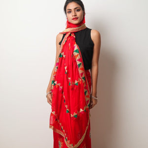 Lightweight Phulkari Chiffon Dupatta - (PE110) - Red - Phulari