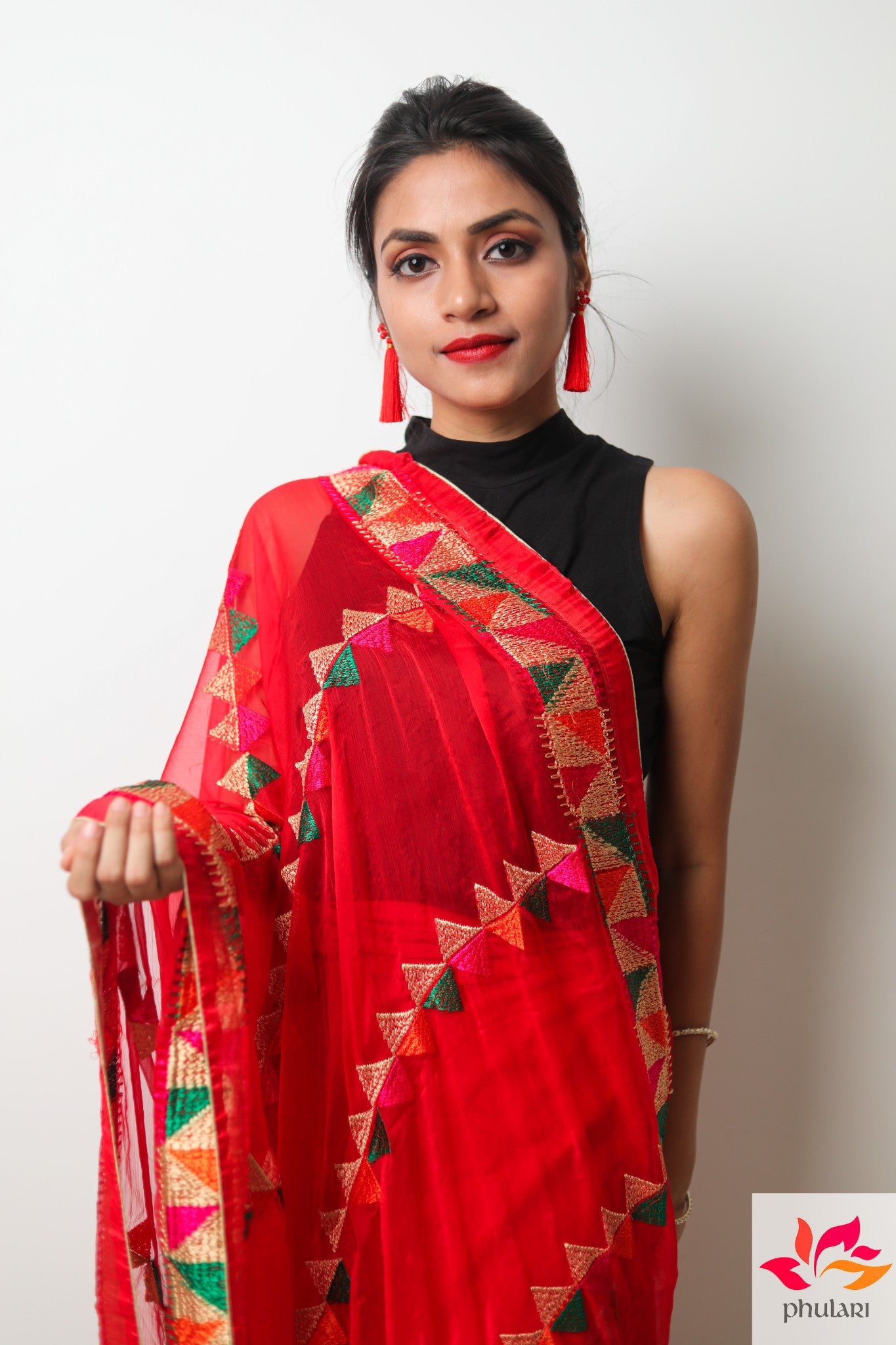 Lightweight Phulkari Chiffon Dupatta - (PE110) - Red - Phulari