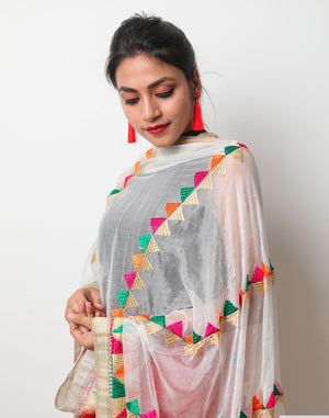 Lightweight Phulkari Chiffon Dupatta - (PE110) - White - Phulari