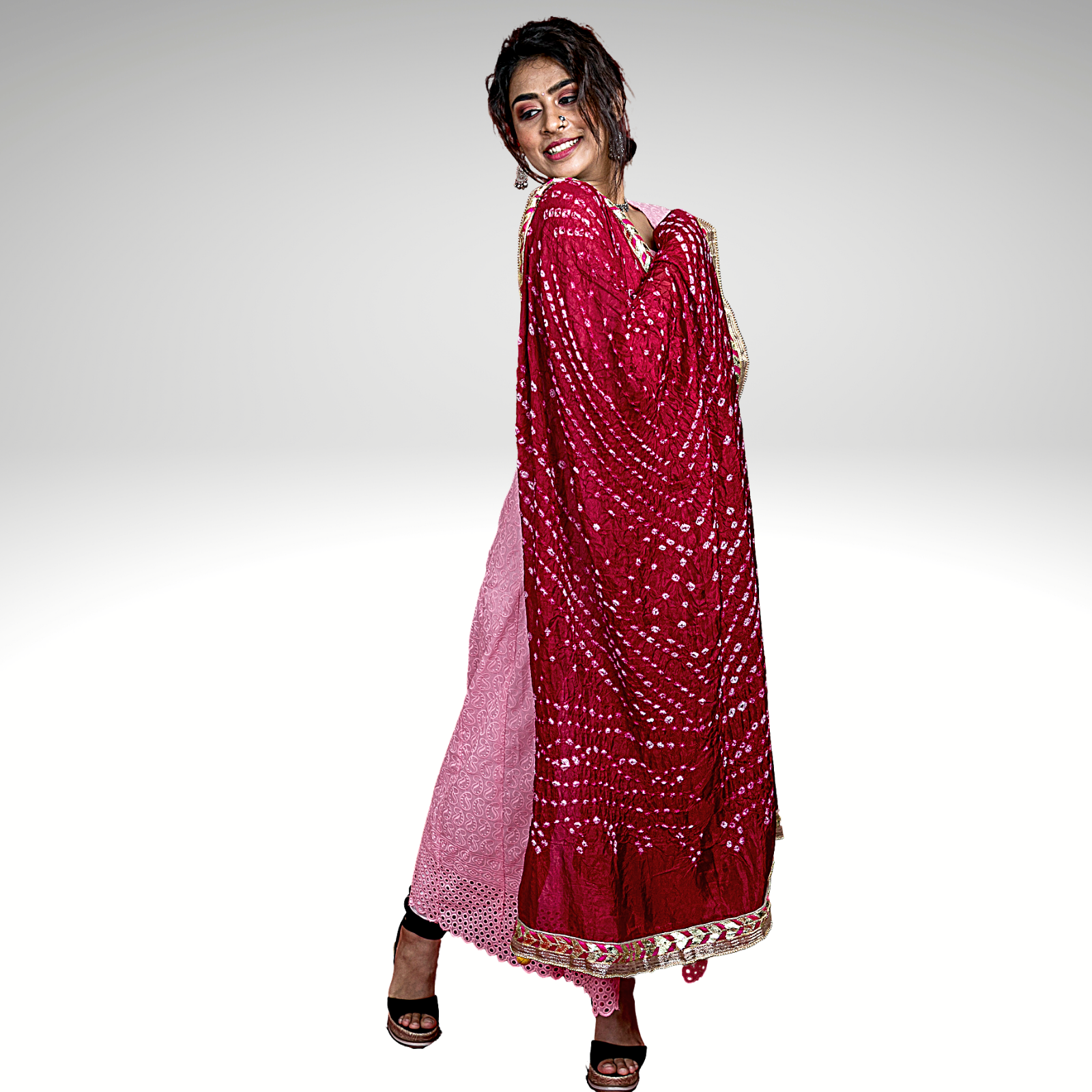 Art Silk Bandhani With Gotapatti Border - Dark Red