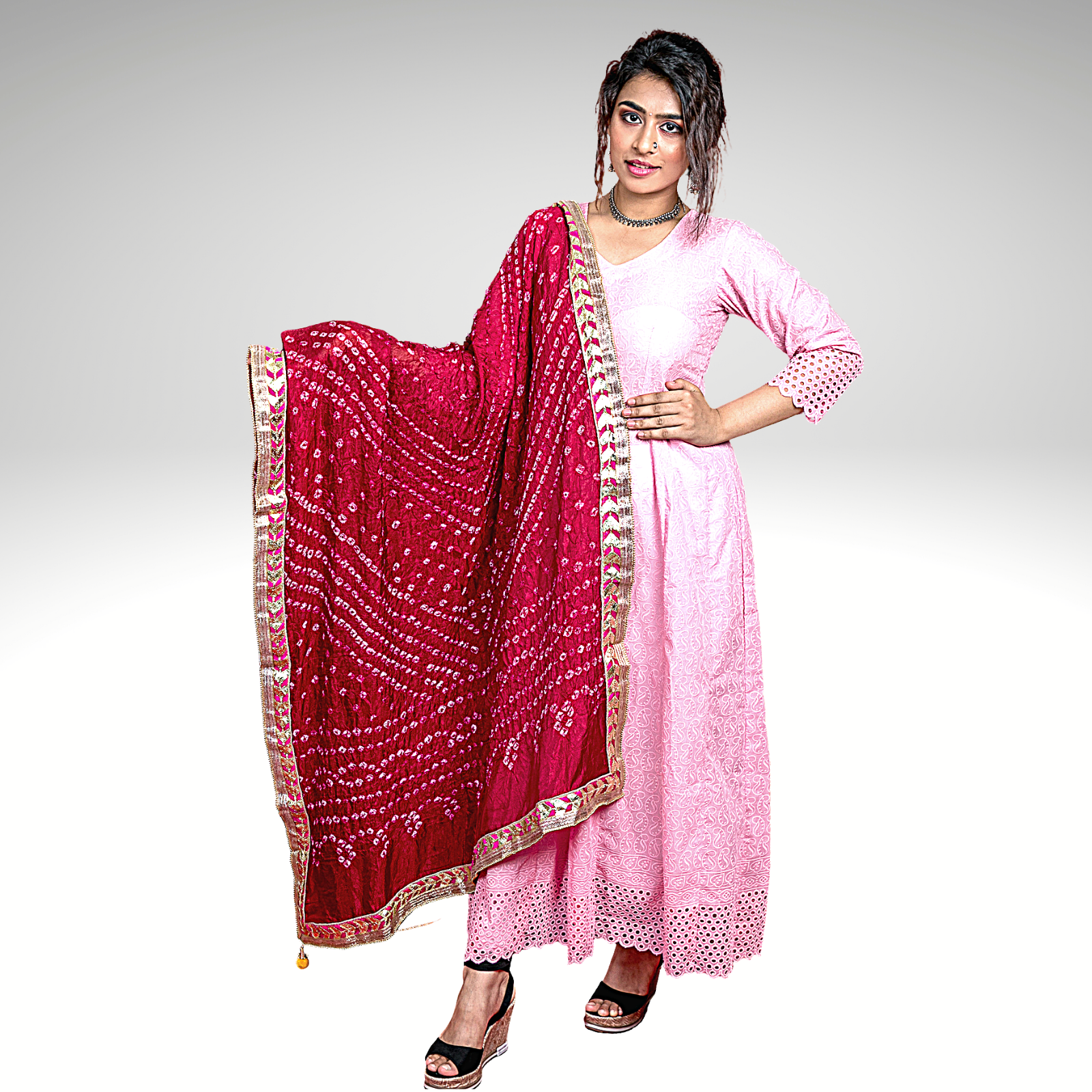 Art Silk Bandhani With Gotapatti Border - Dark Red