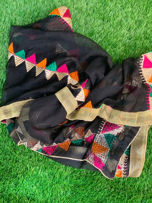 Lightweight Phulkari Chiffon Dupatta - (PE110) - Black - Phulari