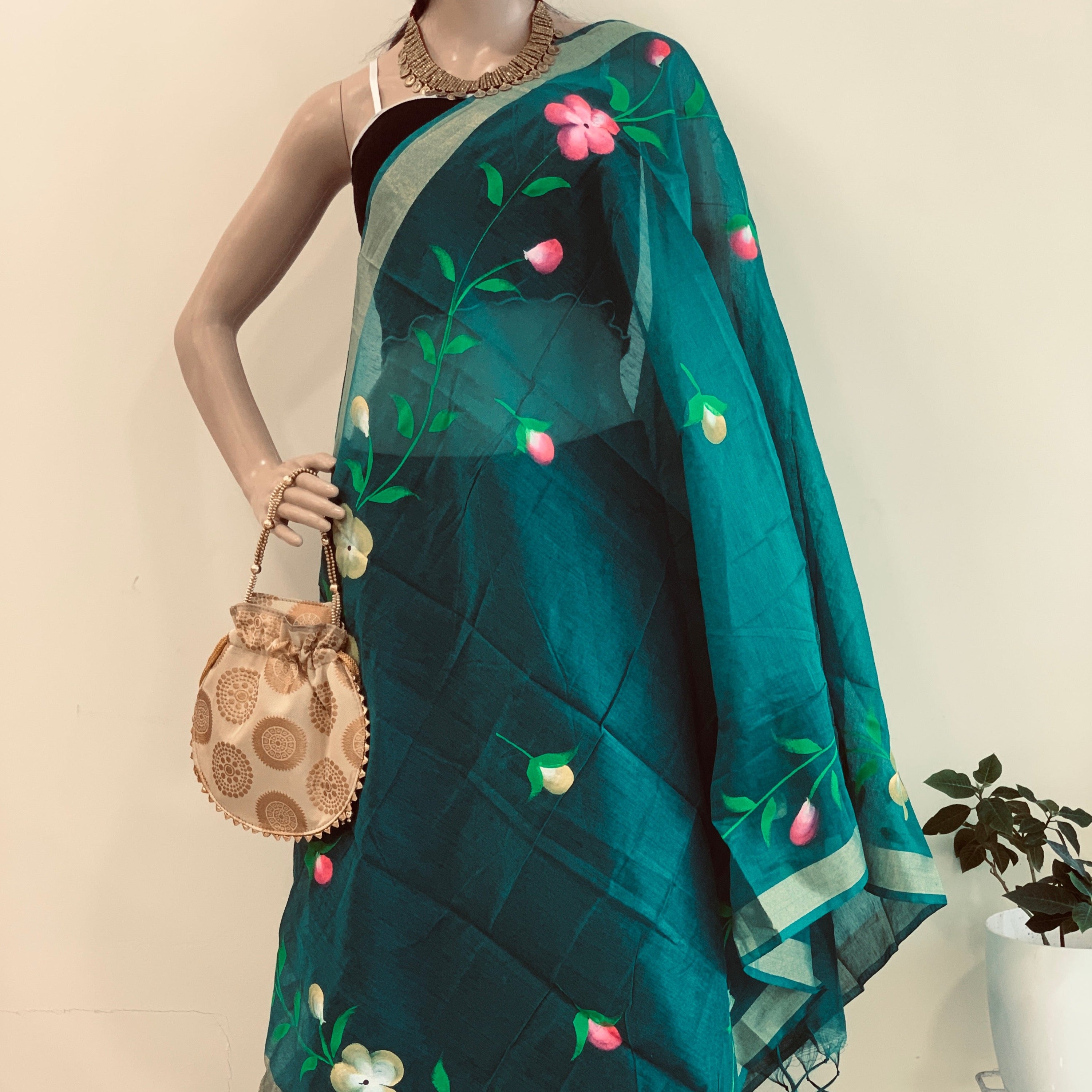 Hand-painted Cotton Silk  Dupatta - Floral Border