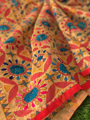 Hand Embroidered Madhubani Chanderi Dupatta- Red Circles Multicolour - Phulari