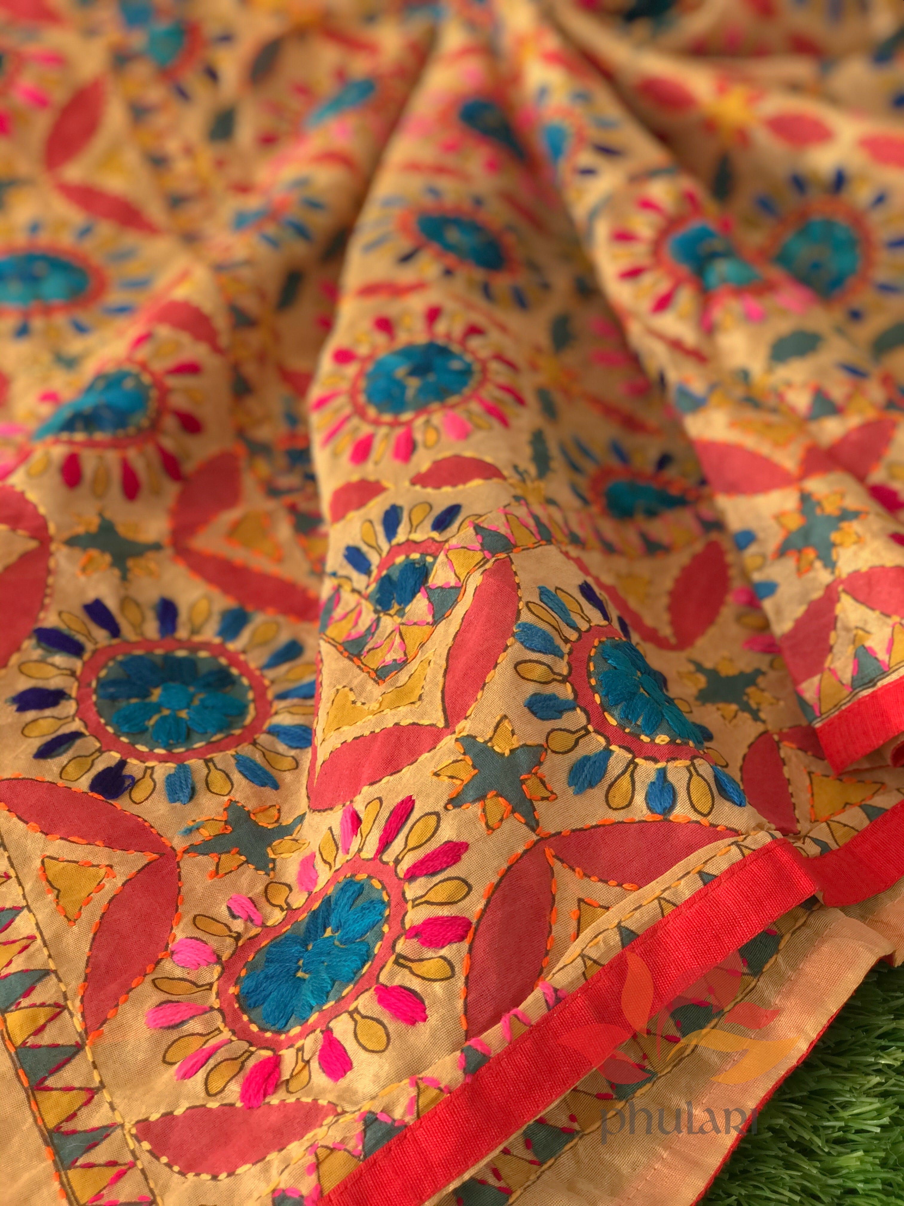 Hand Embroidered Madhubani Chanderi Dupatta- Red Circles Multicolour - Phulari