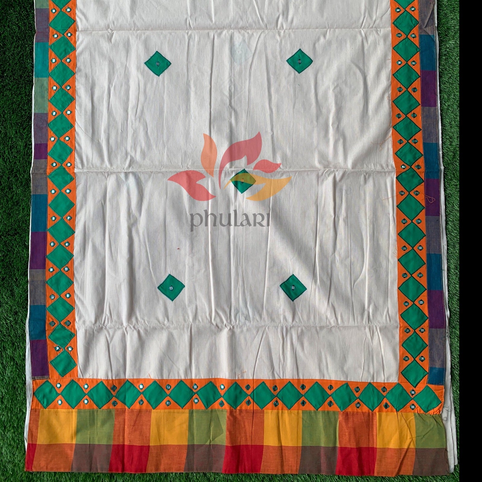 Khadi Saree appliqué patch work foil mirror - Beige - Phulari