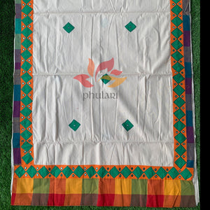 Khadi Saree appliqué patch work foil mirror - Beige - Phulari