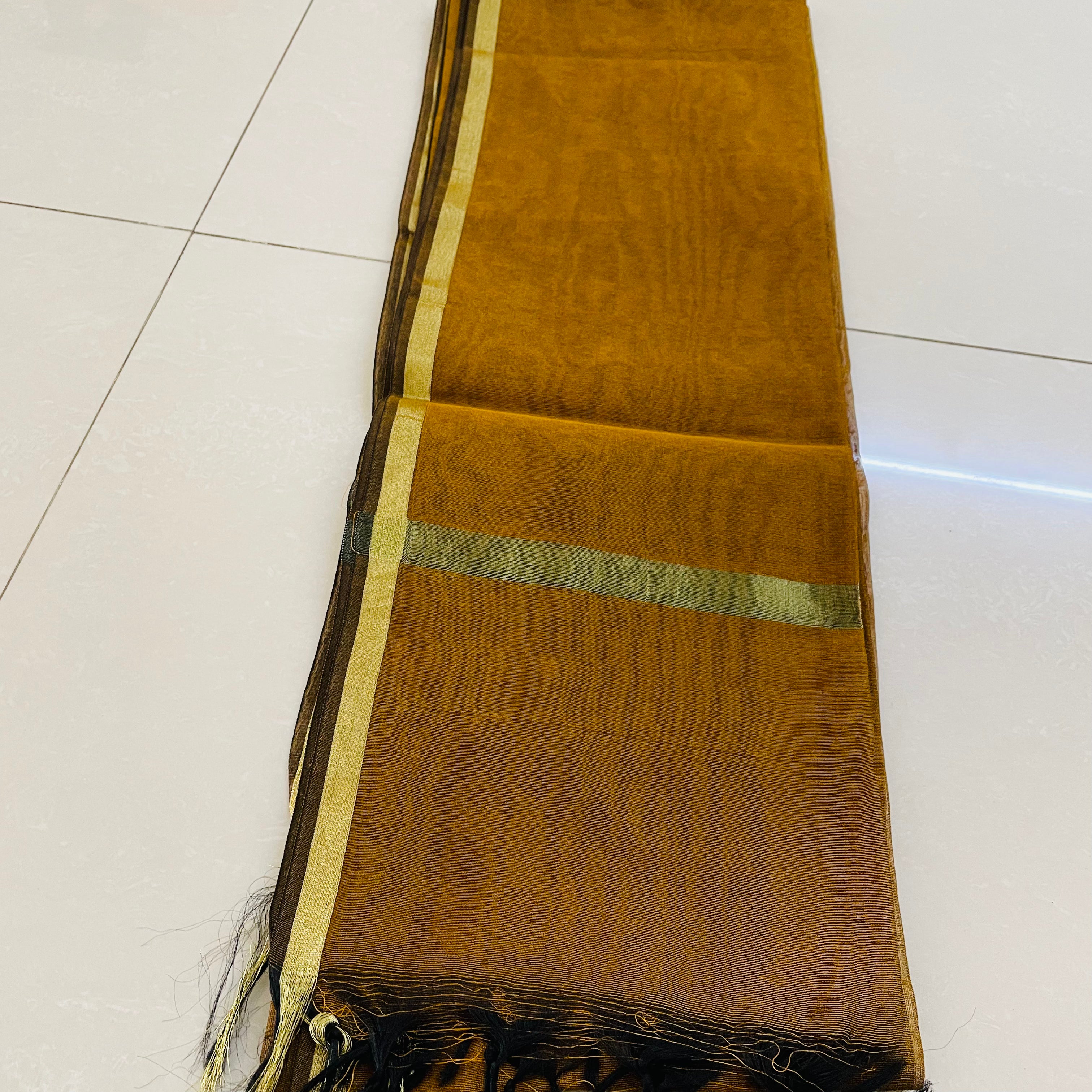 Chanderi Raw Silk Plain Dupatta With Gold Border - Brown