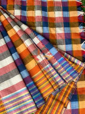 Khesh Saree Handloom Cotton Checks - Orange Blue - Phulari