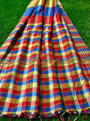 Khesh Saree Handloom Cotton Checks - Red Blue - Phulari