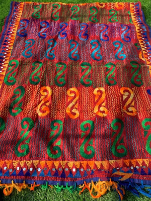 ChanderI Hand Embroidered Dupatta - Zig Zag Jhallar - Brick Red - Phulari