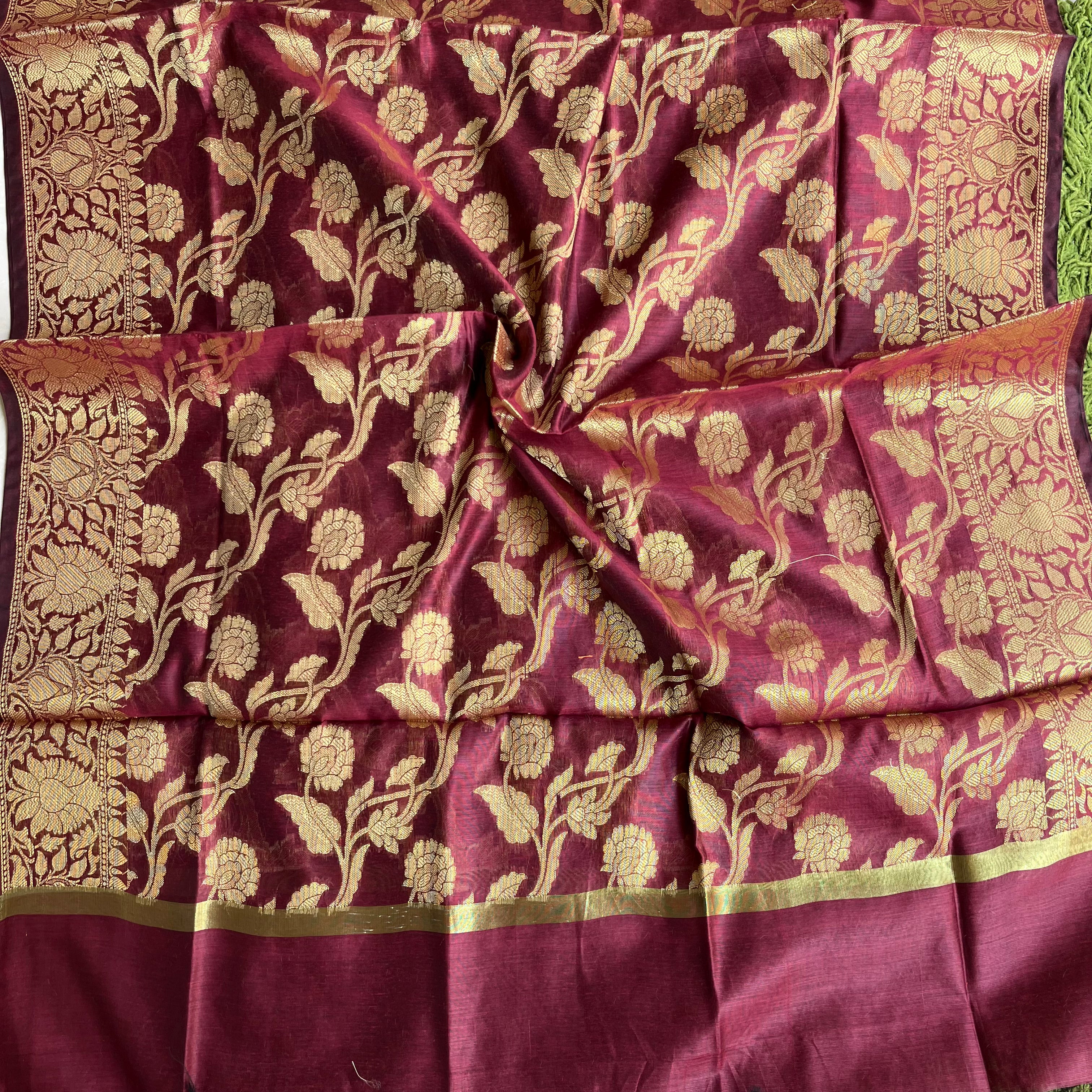 Banarasi Cotton Silk Dupatta with Floral Jaal - Maroon