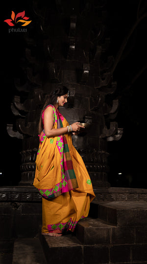 Khadhi Saree appliqué patch work foil mirror - Mustard - Phulari