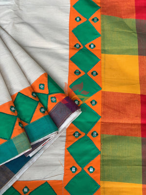 Khadi Saree appliqué patch work foil mirror - Beige - Phulari