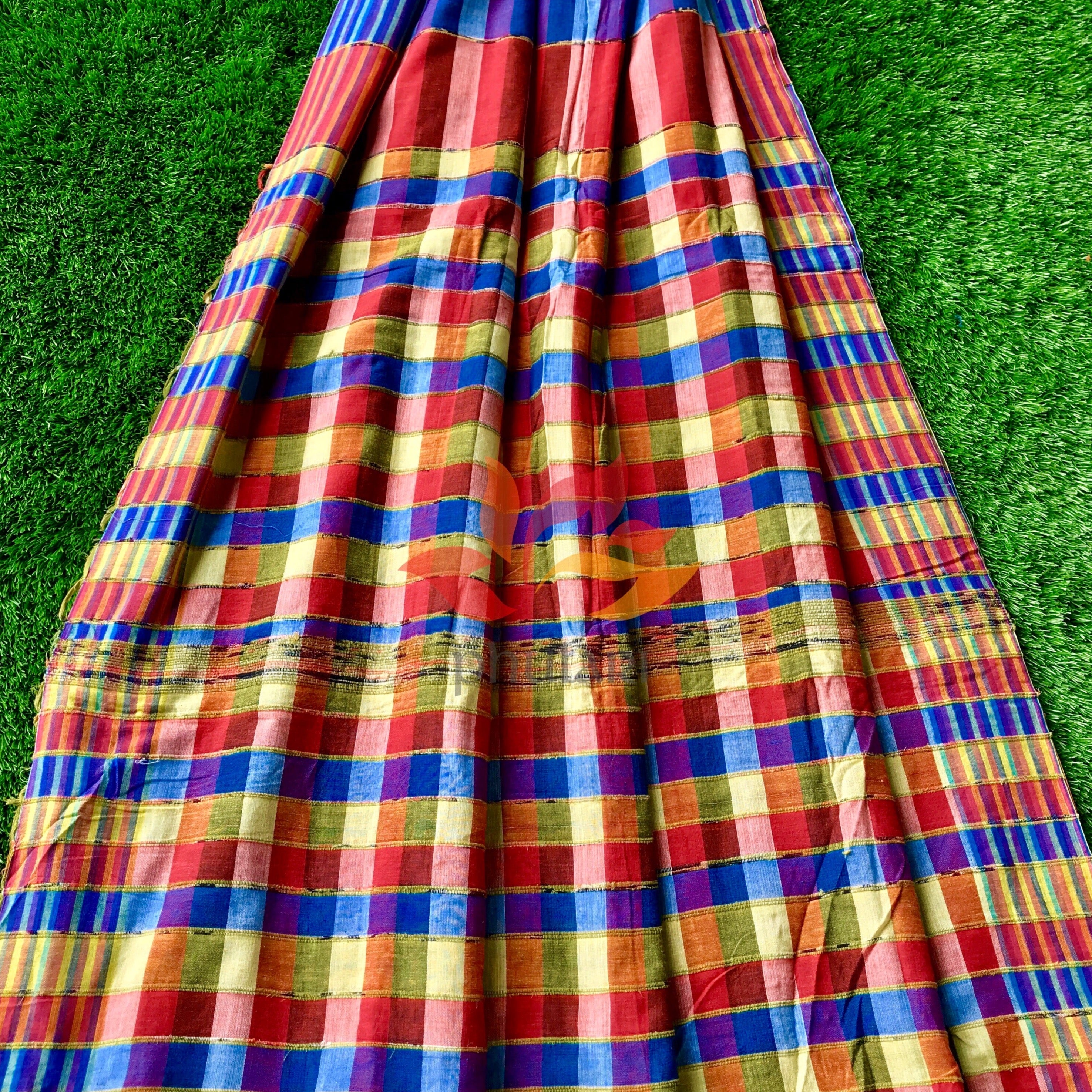 Khesh Saree Handloom Cotton Checks - Red Blue - Phulari