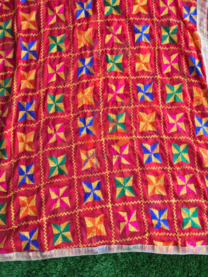 Traditional Light Bagh Phulkari Dupatta (PE01) - Red - Phulari