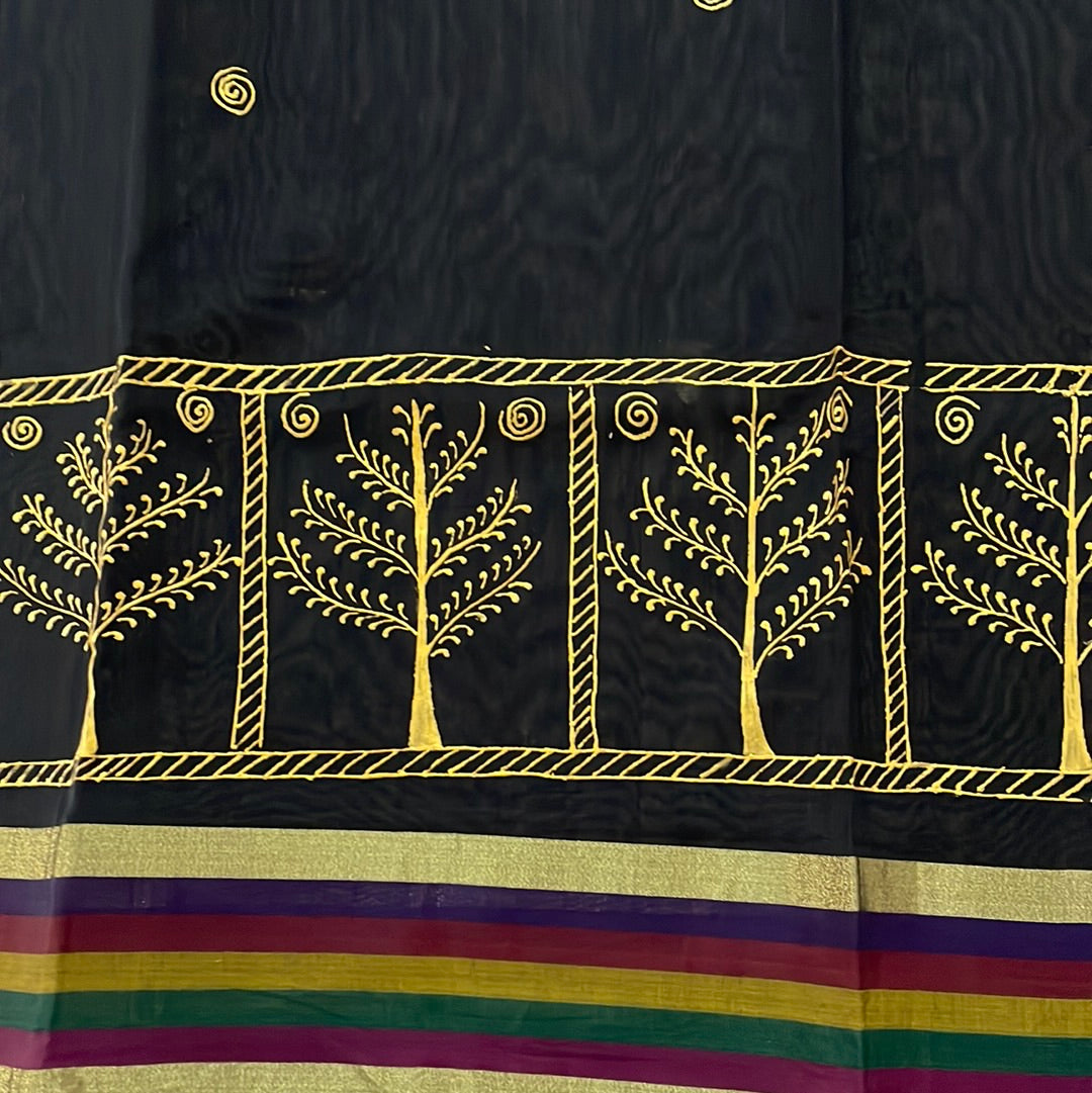 Unstitched Handpainted Chanderi Cotton Kurta Fabric - Black & Gold