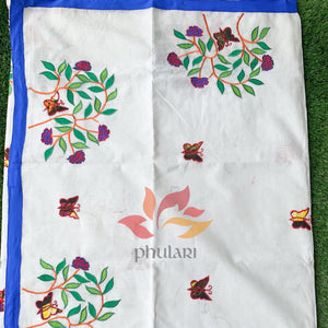 Bangladeshi Tant Saree Appliqué Work Embroidery Butterfly - White Blue - Phulari