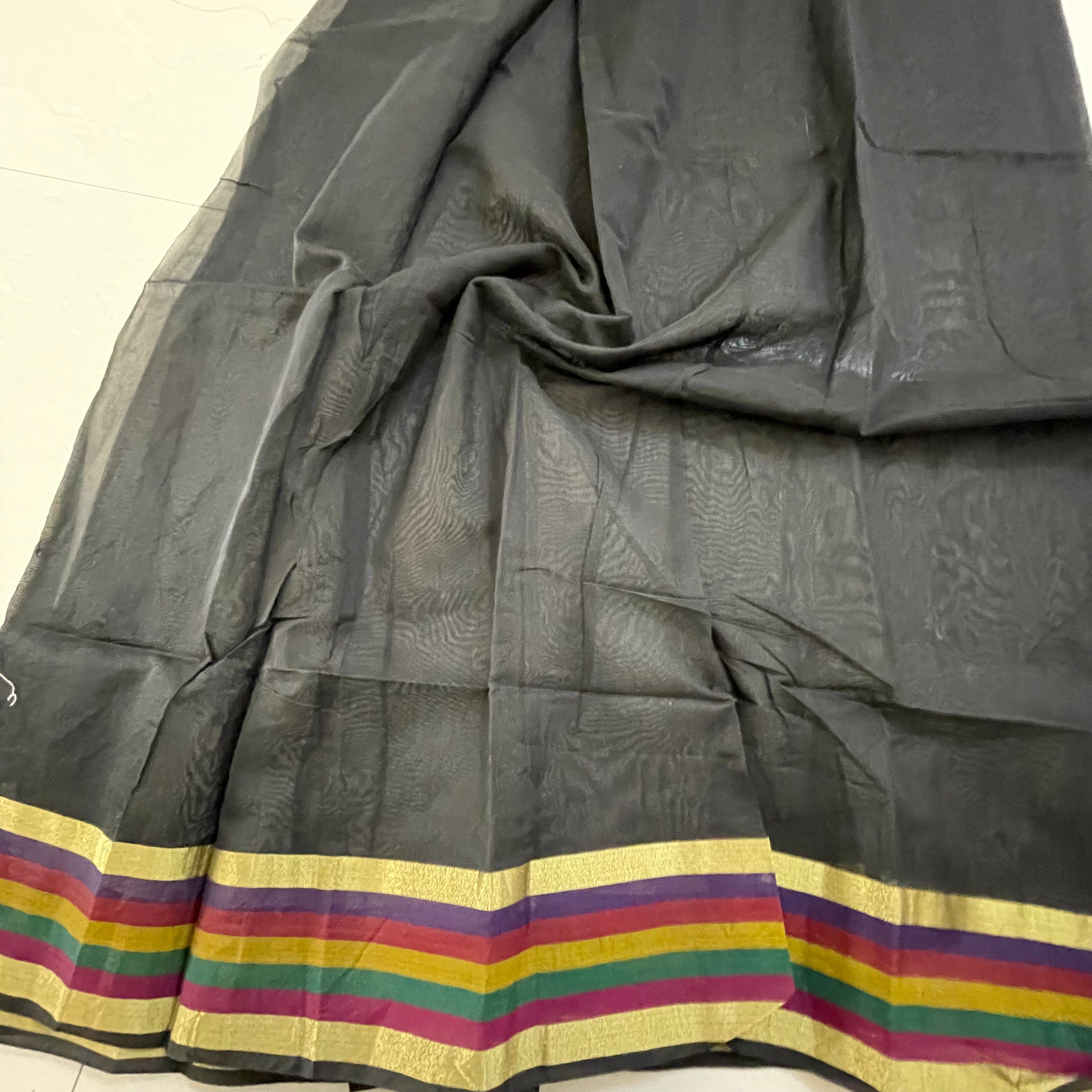 Unstitched Chanderi Cotton kurta Fabric- Black with Multicoloured border