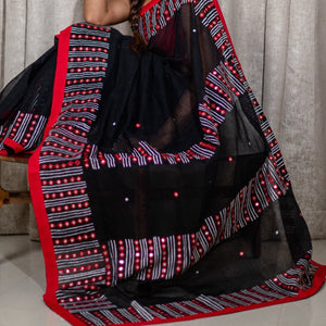 Bangladeshi Tant Saree Embroidery Foil Mirror Work - Black Red - Phulari