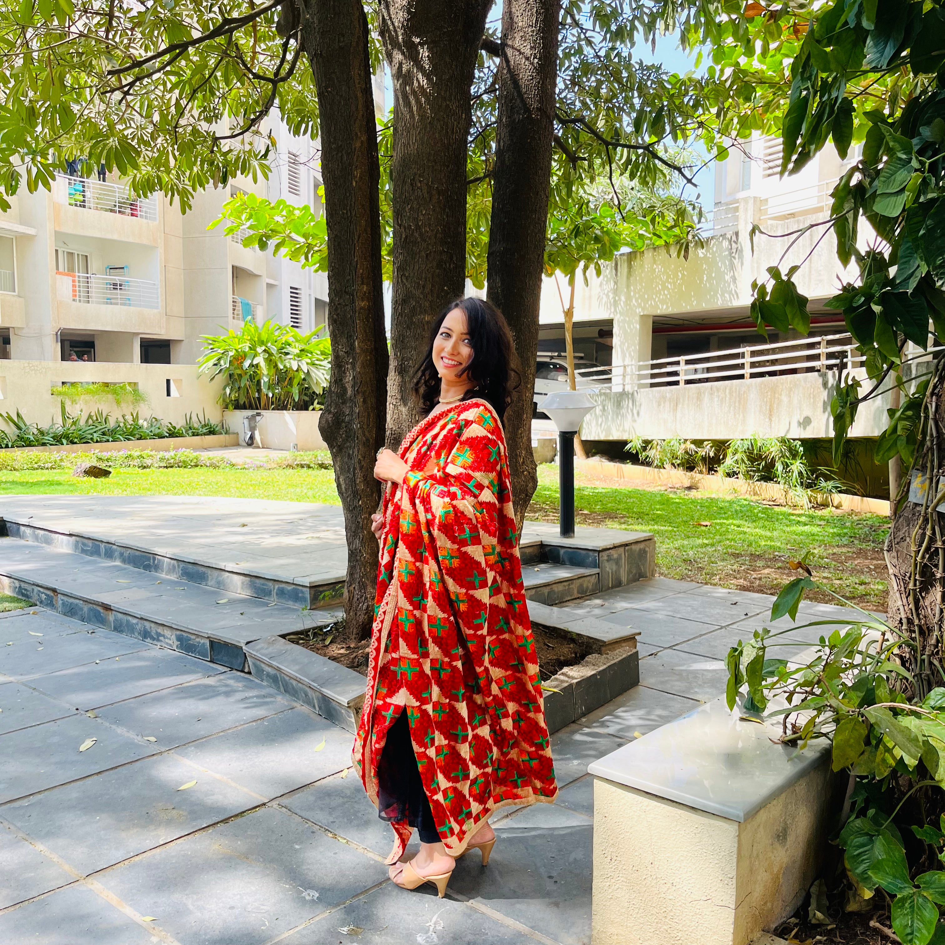 Phulkari Machine-Embroidered Chinnon Dupatta - Red and Pink