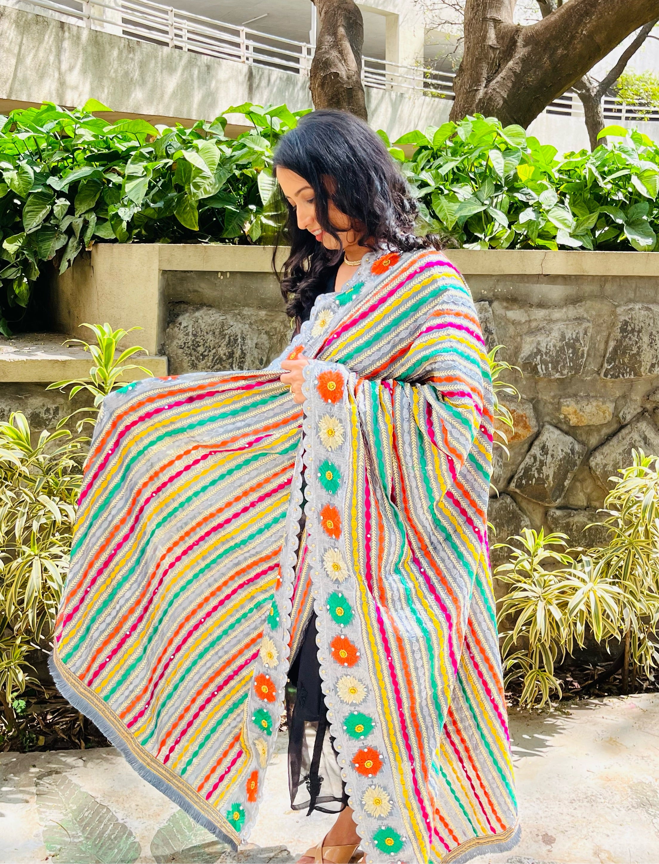 Festive Machine Embroidered Chinnon phulkari dupatta- Grey