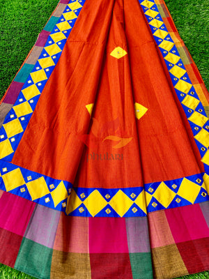 Khadhi Saree appliqué patch work foil mirror - Orange - Phulari