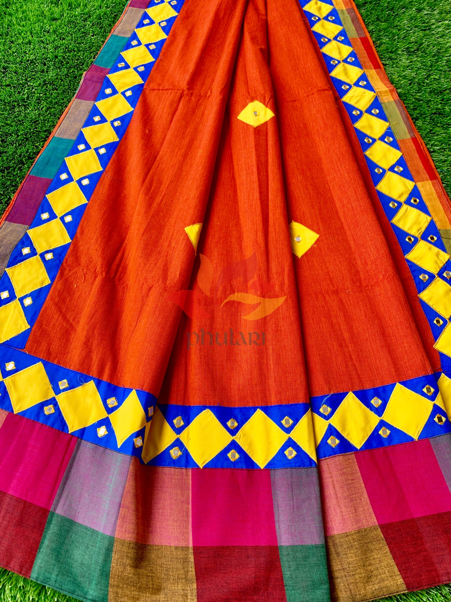 Khadhi Saree appliqué patch work foil mirror - Orange - Phulari 