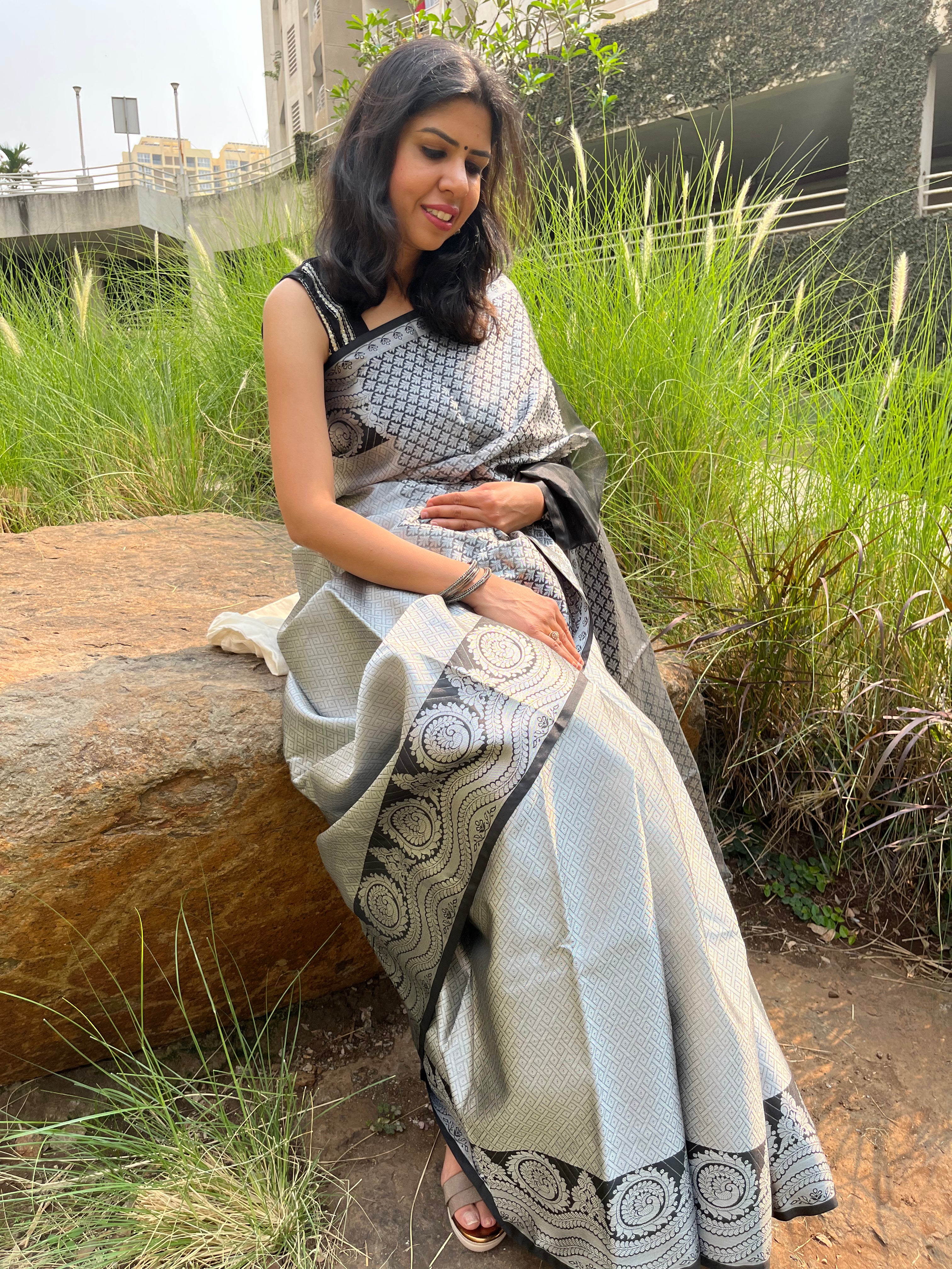 Kora Silk Banarasi Saree - Silver and Black